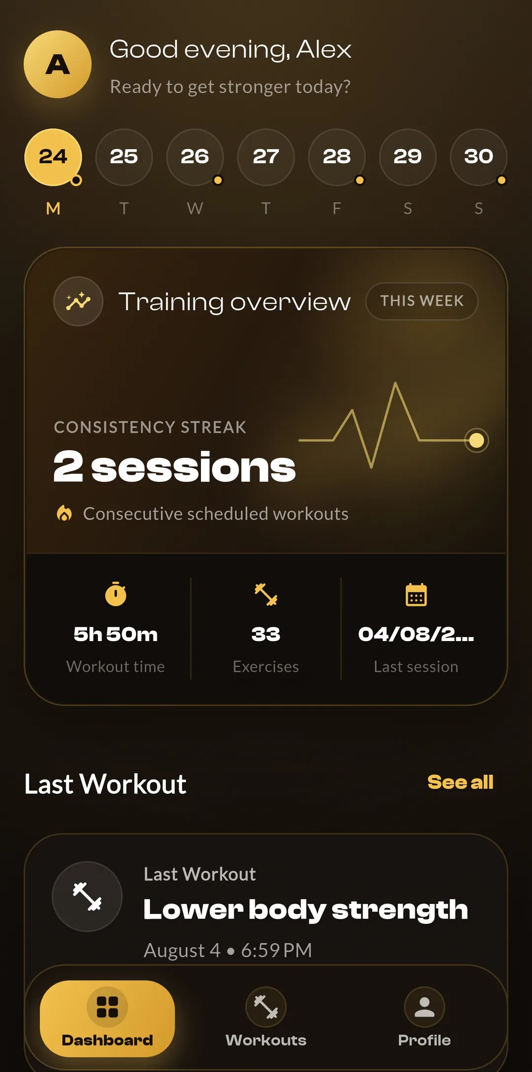 RepTrack dashboard showing training overview