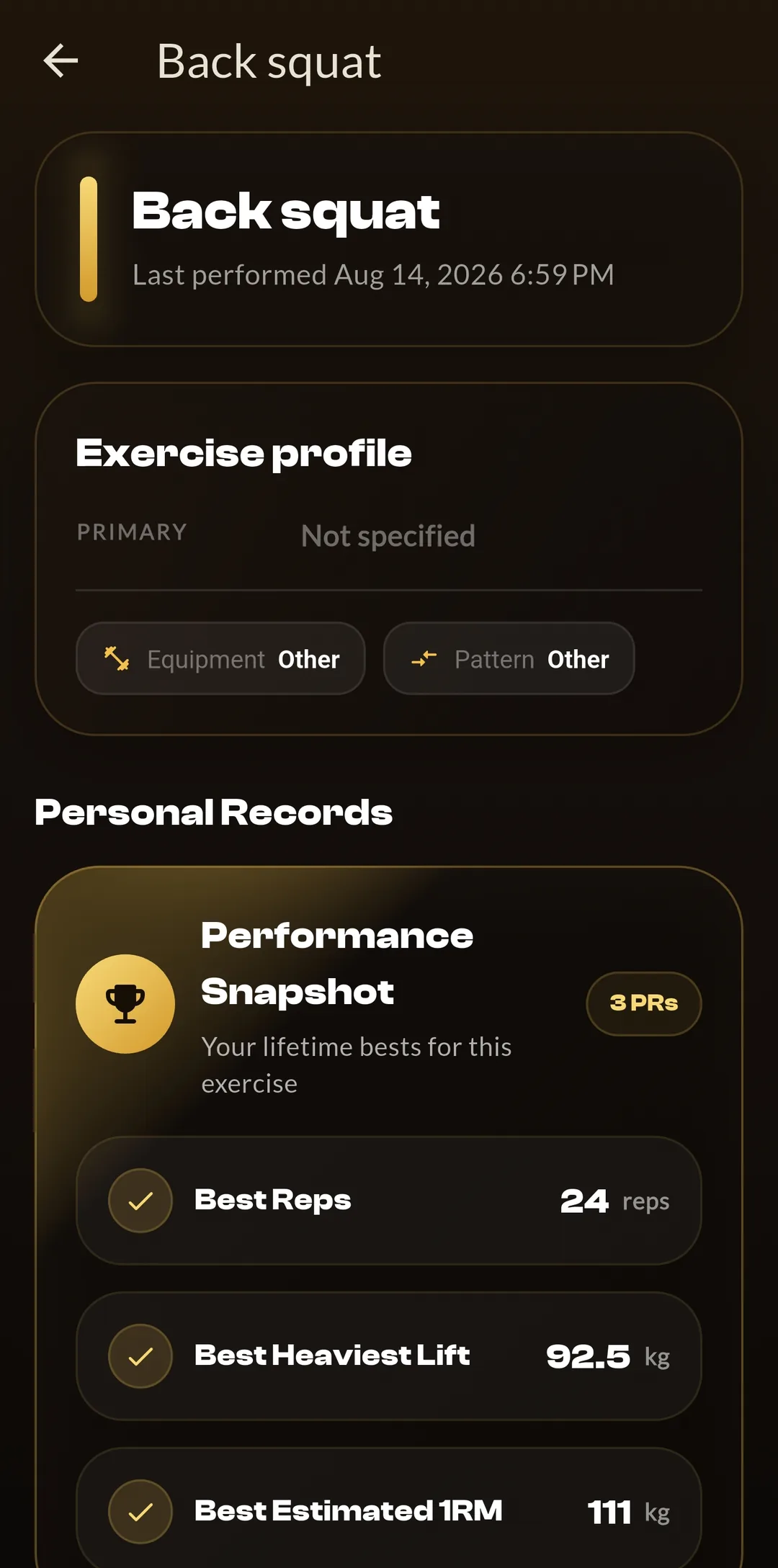 RepTrack back squat exercise profile and personal records