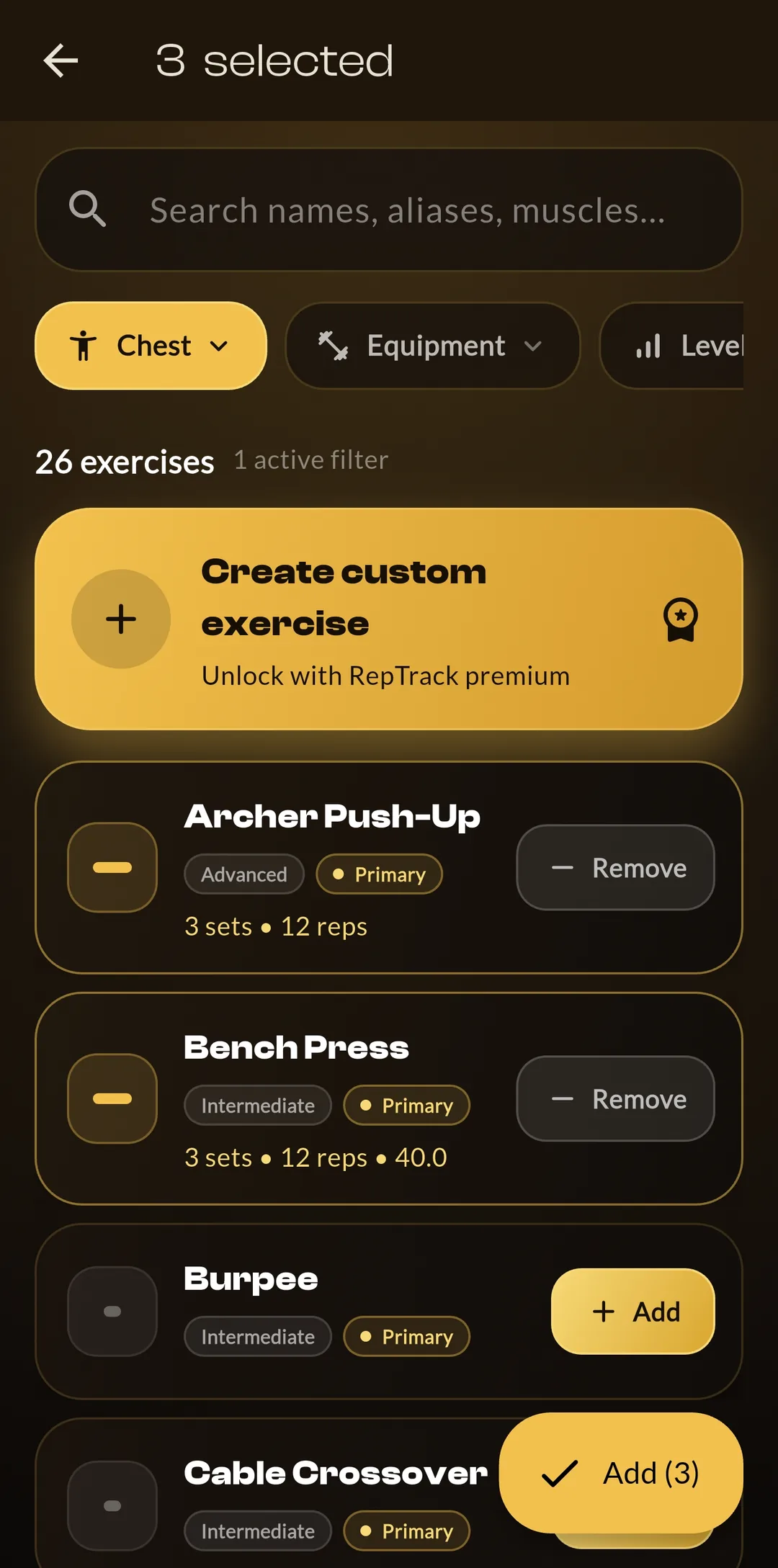 RepTrack exercise library with filters