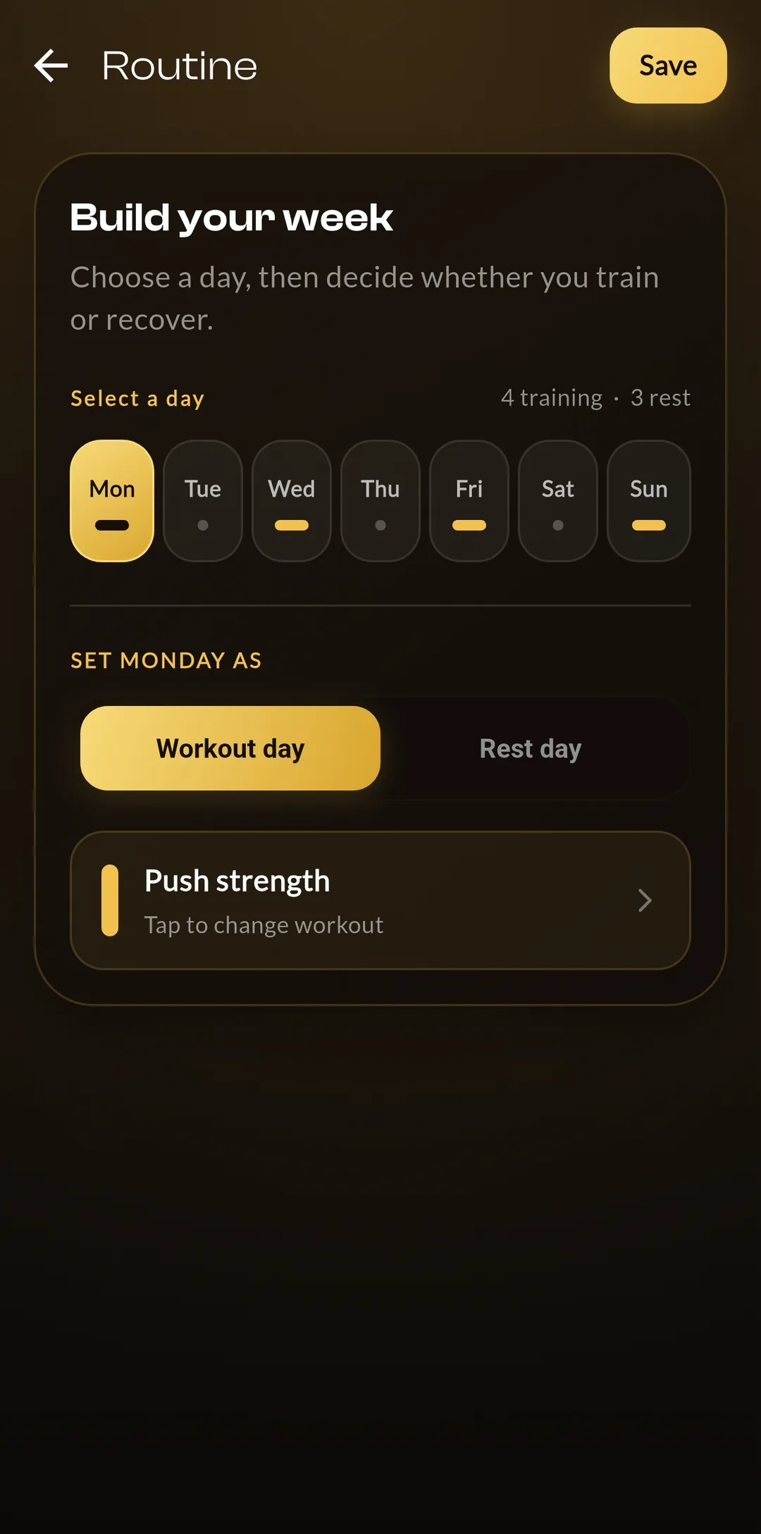 RepTrack routine editor with workout and rest day choices